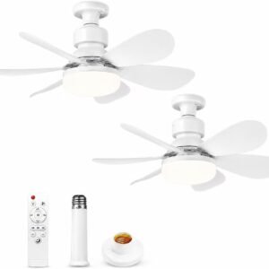 Lot de 2 Ventilateurs de Plafond E27 avec Lumière LED Dimmable 40W, Télécommande, 3 Vitesses, 6 Pales, Silencieux, Blanc 52cm