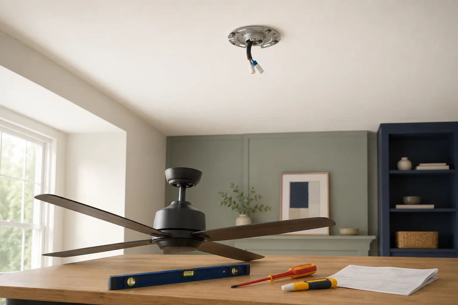 Préparation du support et des outils avant la pose d’un ventilateur de plafond