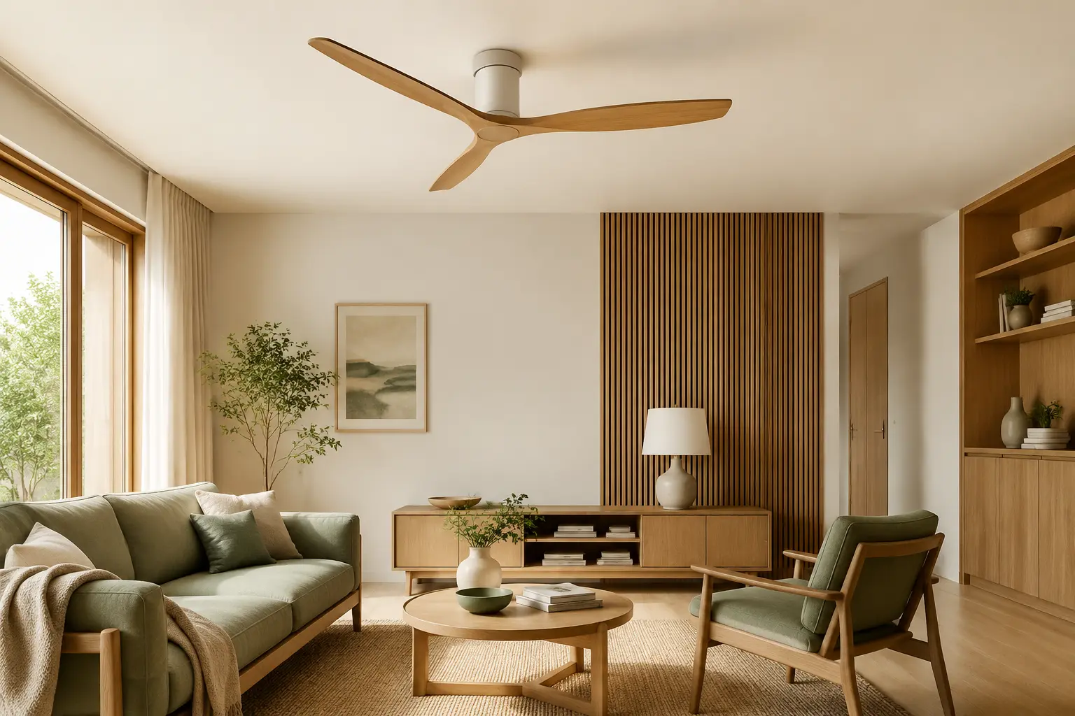 Ventilateur de plafond aux pales en bois clair dans un salon