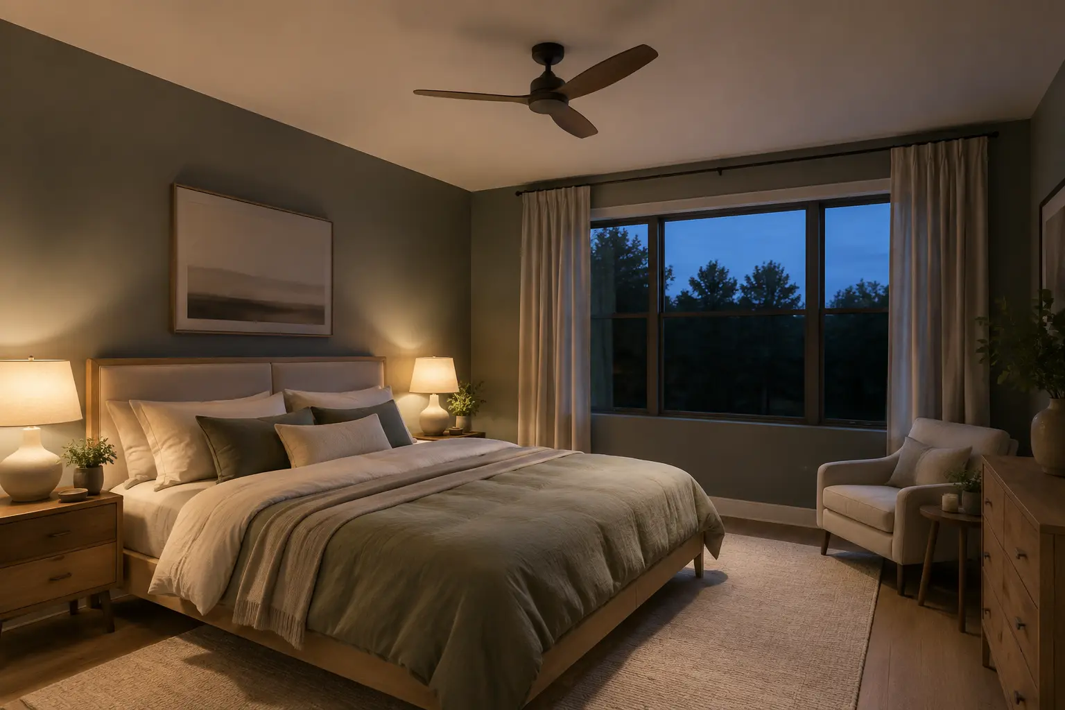 Chambre avec ventilateur de plafond compact et dégagement au-dessus du lit