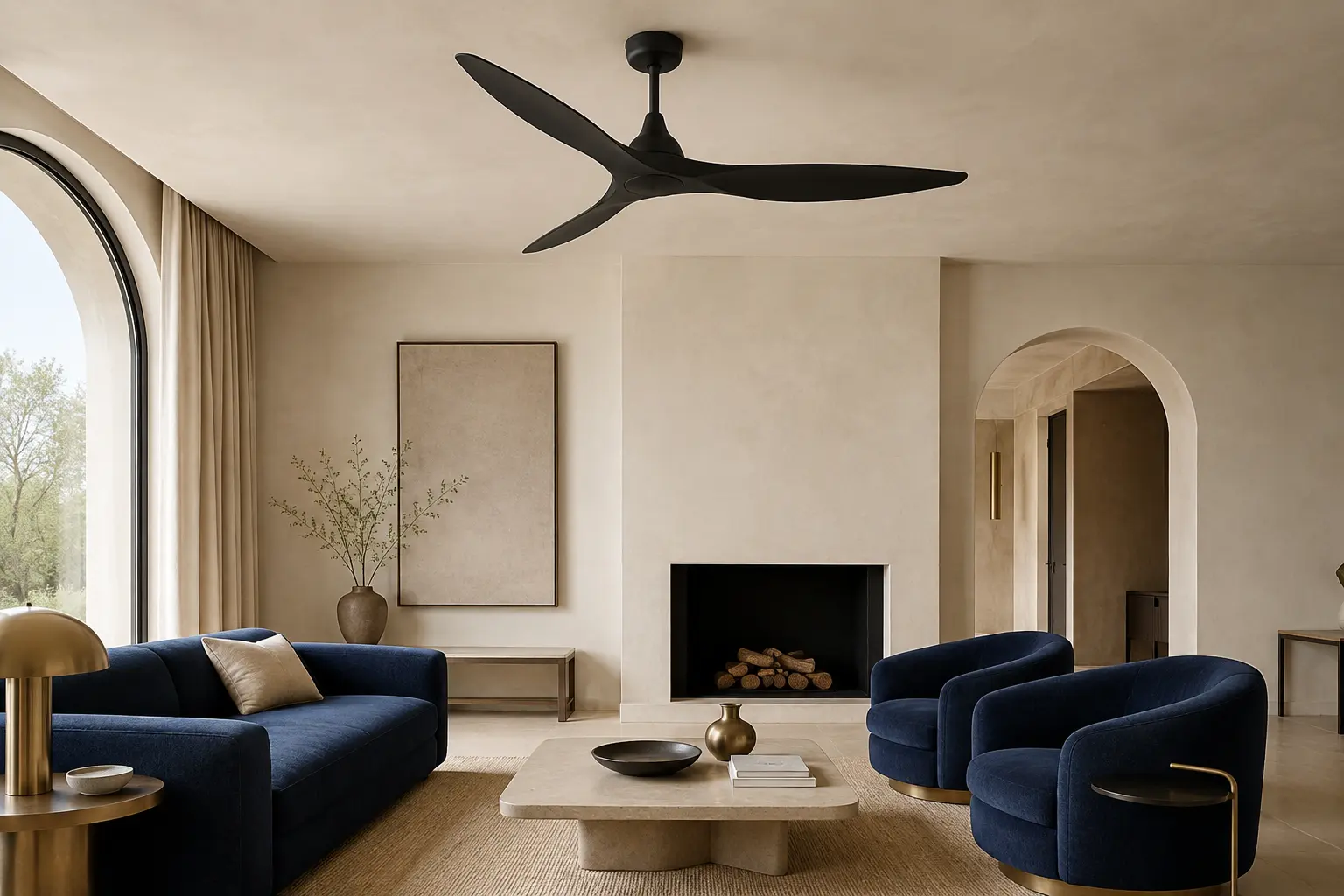 Ventilateur de plafond moderne dans un séjour contemporain