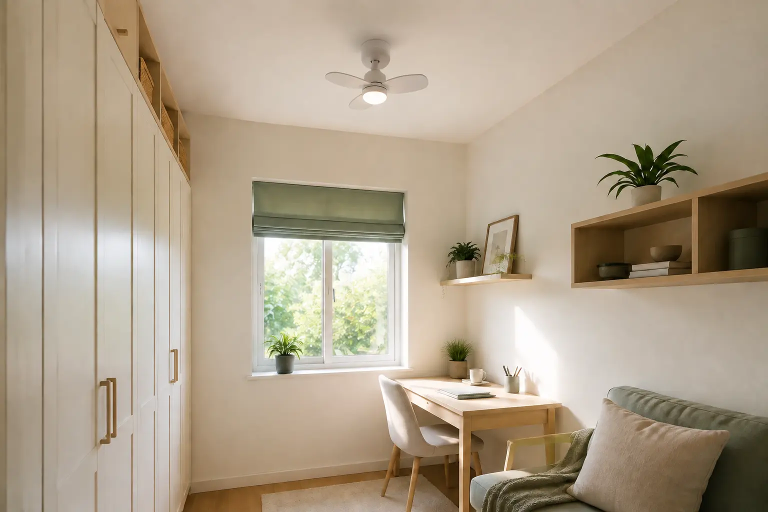Ventilateur-plafonnier compact avec éclairage dans une petite pièce