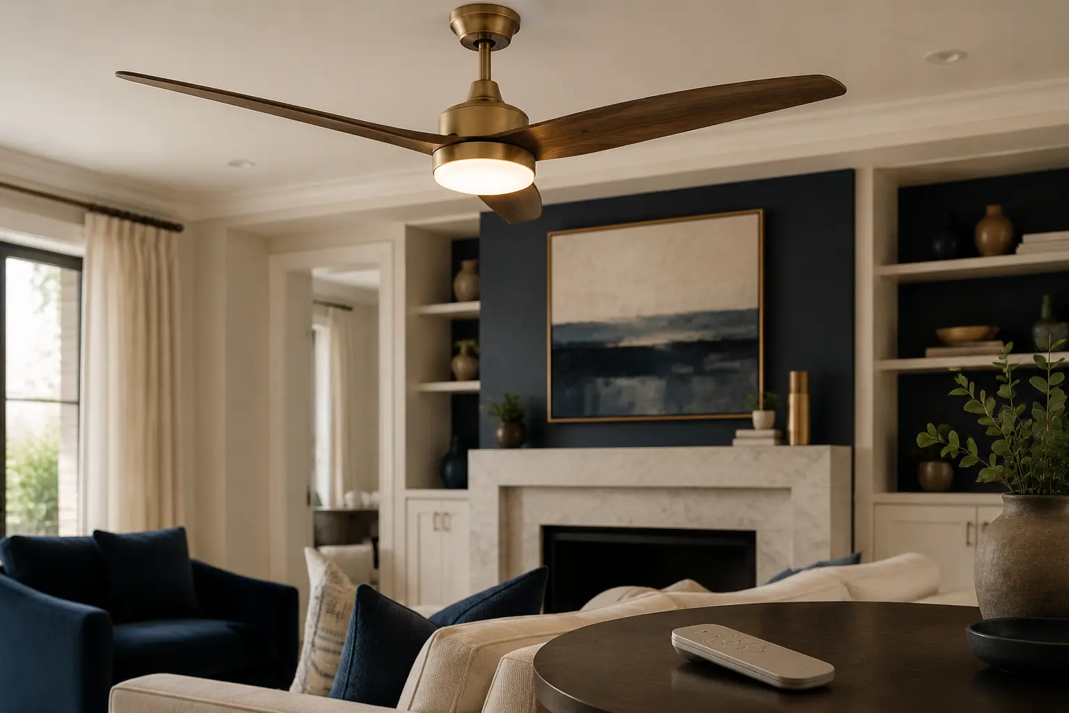 Ventilateur de plafond avec éclairage LED diffus dans un salon