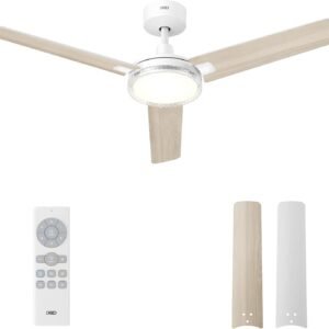 DREO ventilateur de plafond avec lumière et télécommande 132 cm, ventilateur blanc, 5 températures de couleur CCT, LED dimmable 6 niveaux, 6 vitesses, moteur CC réversible silencieux, minuterie 1/4/8h