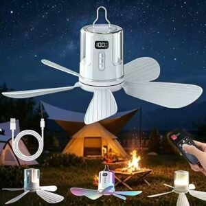 TUIBEIDAMAI Ventilateur de Camping Lumière,Ventilateur Plafond Avec Lumière et Télécommande,Lampe de Camping LED Avec Ventilateur Rechargeable USB,Minuterie,Vitesses Réglables,Pour Tente,Camp-ing