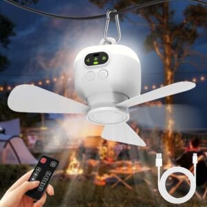 Ventilateur de Camping Lumière, Ventilateur Plafond Avec Lumière et Télécommande, Minuterie, Lampe de Camping LED Avec Ventilateur Rechargeable USB, Vitesses Réglables, Pour Tente
