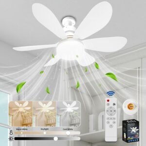 VHV Ventilateur de Plafond avec Lumière et Telecommande, LED Ventilateur Dimmable Plafonnier avec 40W E27 Lampe Intégrée, 6 Pales, 3 Vitesses, Silencieux, pour Salon, Chambre, Coucher (Blanc)