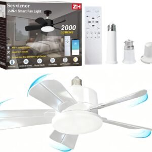 Ventilateur de plafond avec Lumière et Télécommande, Douille E27, 2000 lm Ventilateur plafonnier LED dimmable 3 couleurs, 6 Vitesses Réversibles incluse 2 rallonges & culot E27, Ø45 cm blanc